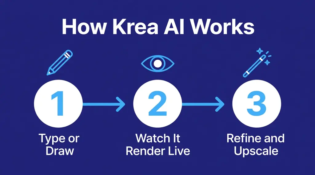 Three step workflow of Krea AI: type or draw, watch it render live, refine and upscale