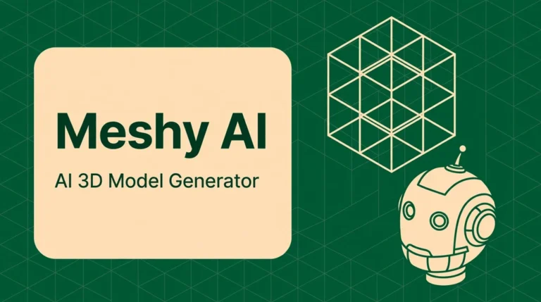 Meshy AI title card showing an AI 3D model generator with a wireframe cube and robot illustration
