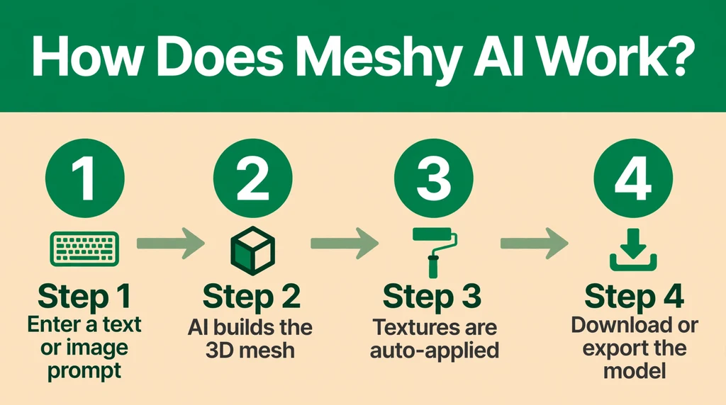 Four-step diagram showing how Meshy AI works: enter a prompt, AI builds the 3D mesh, textures are auto-applied, download or export the model