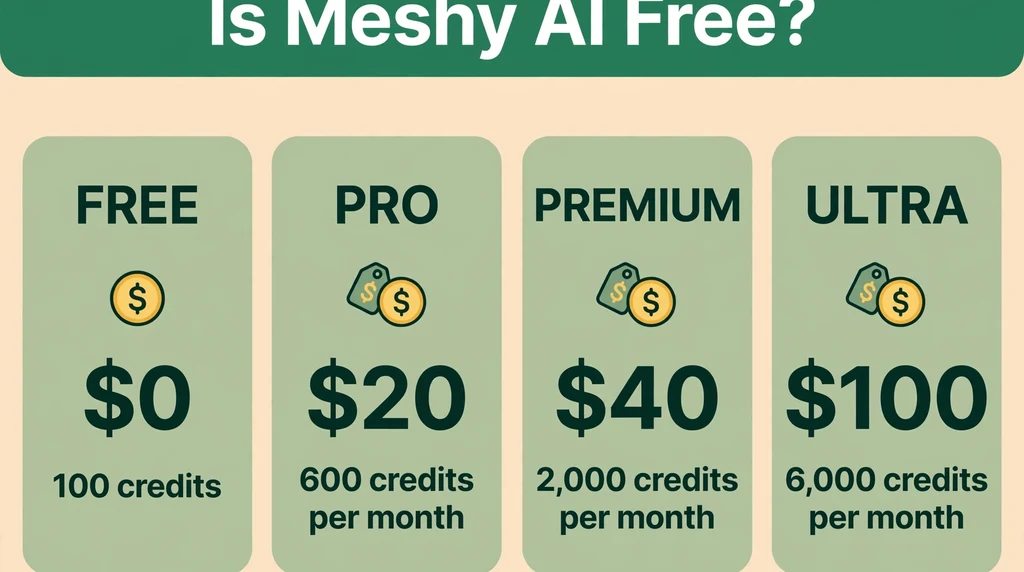 Pricing card showing Meshy AI plans: Free with 100 credits, Pro at $20, Premium at $40, and Ultra at $100