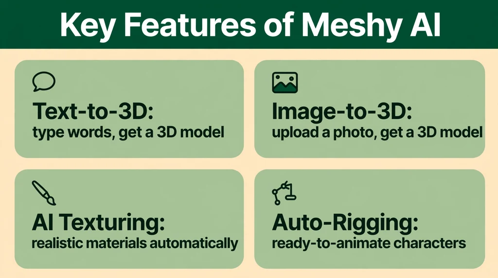 Feature grid showing Meshy AI key features: text-to-3D, image-to-3D, AI texturing, and auto-rigging