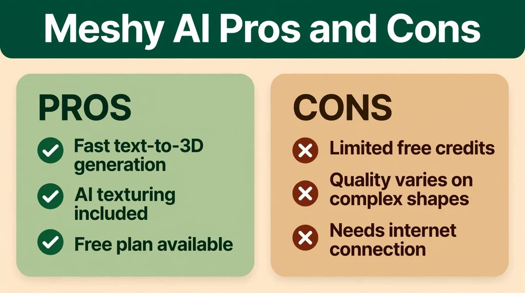 Comparison card listing Meshy AI pros and cons side by side