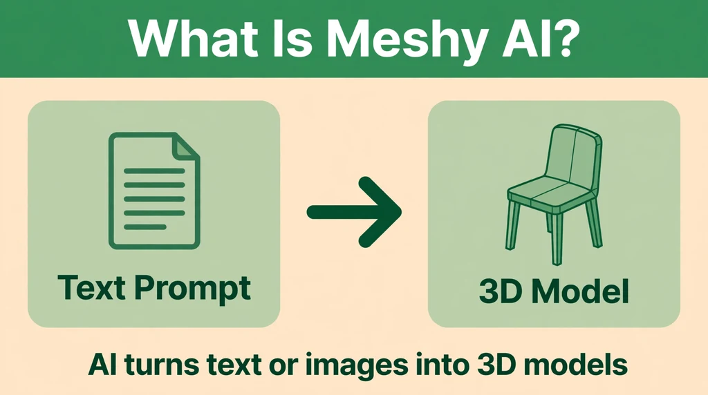 Infographic showing a text prompt turning into a 3D model, explaining what Meshy AI is