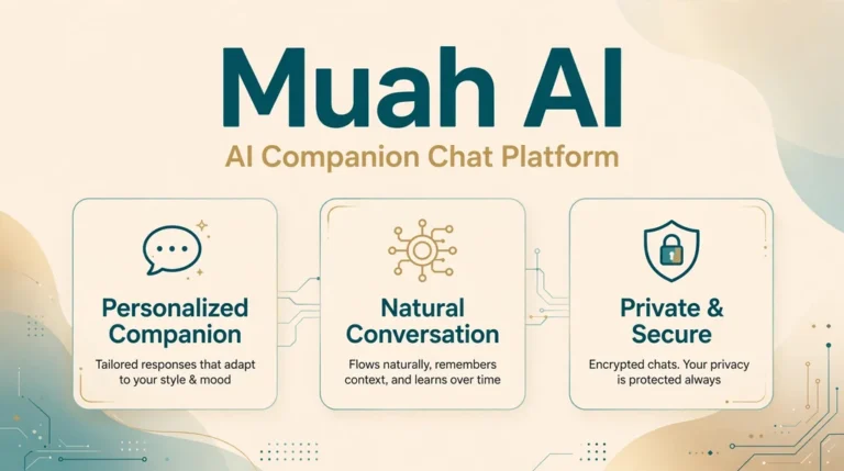 Muah AI featured infographic showing personalized companion, natural conversation, and private and secure chat highlights