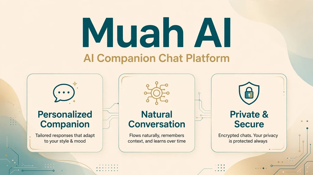 Muah AI featured infographic showing personalized companion, natural conversation, and private and secure chat highlights