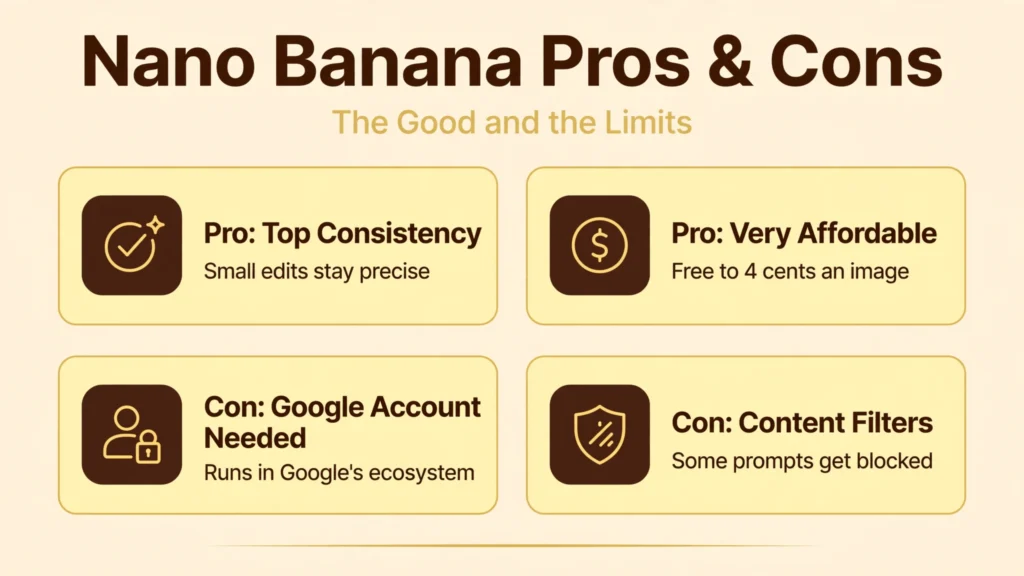 Nano Banana AI pros and cons infographic