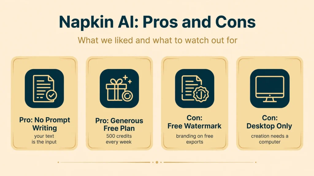 Napkin AI pros and cons infographic