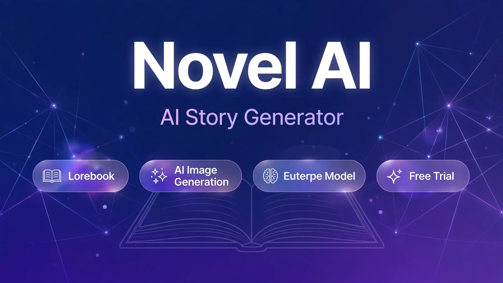 Novel AI AI story generator cover graphic with Lorebook, AI image generation, Euterpe model and free trial badges