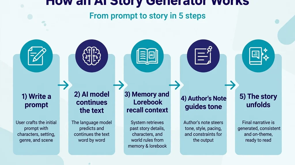 Flow diagram showing how an AI story generator works in five steps from prompt to story