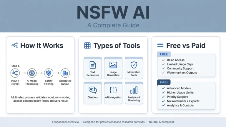 NSFW AI complete guide cover explaining how it works, tool types, and free versus paid options