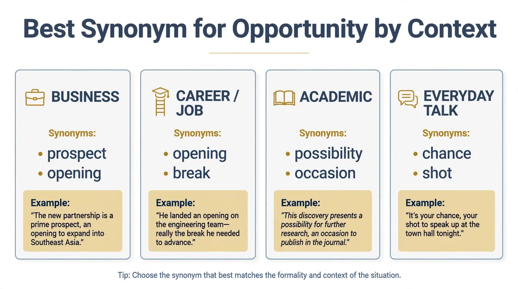 Guide showing which synonym for opportunity to use in business, career, academic and everyday contexts