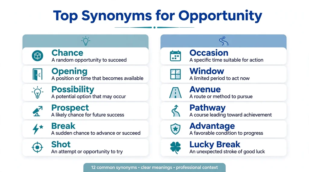 Quick reference table of top synonyms for opportunity with meanings