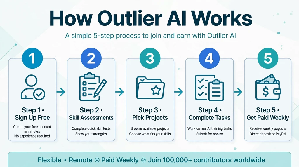 Infographic diagram showing how Outlier AI works: sign up, skill assessments, pick projects, complete tasks, get paid