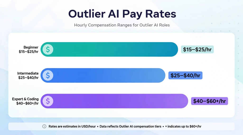 Infographic bar chart of Outlier AI pay rates: beginner $15-$25/hr, intermediate $25-$40/hr, expert and coding $40-$60+/hr