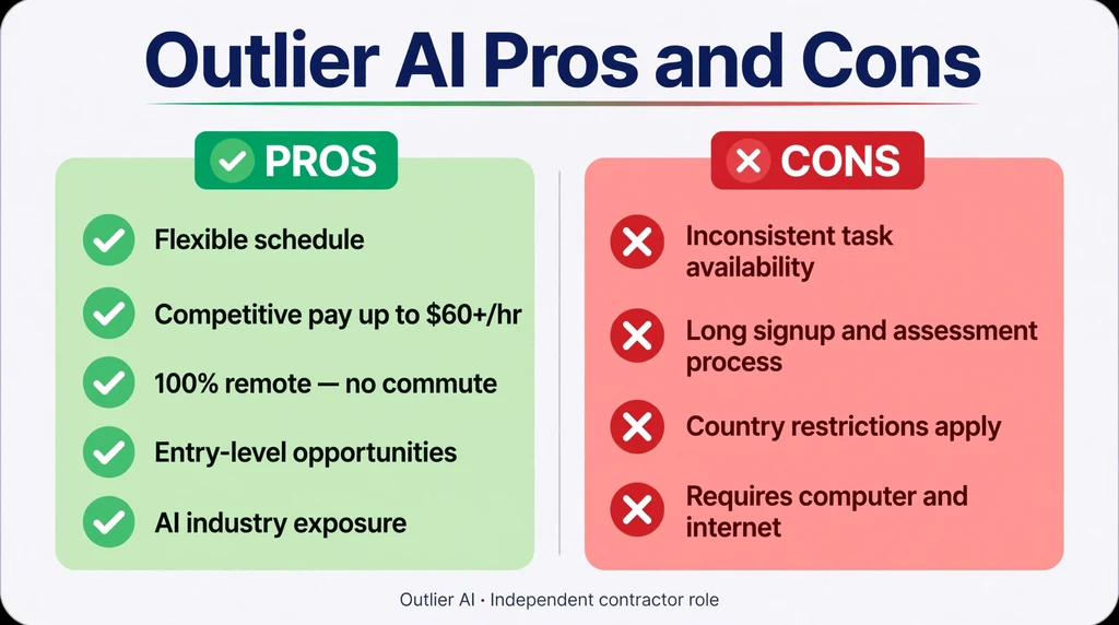 Infographic comparing Outlier AI pros and cons: flexible schedule and competitive pay versus inconsistent task availability
