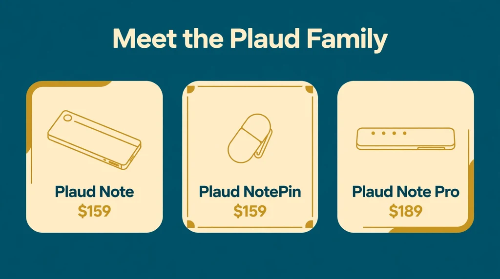 Infographic showing the Plaud device lineup: Plaud Note at 159 dollars, Plaud NotePin at 159 dollars and Plaud Note Pro at 189 dollars