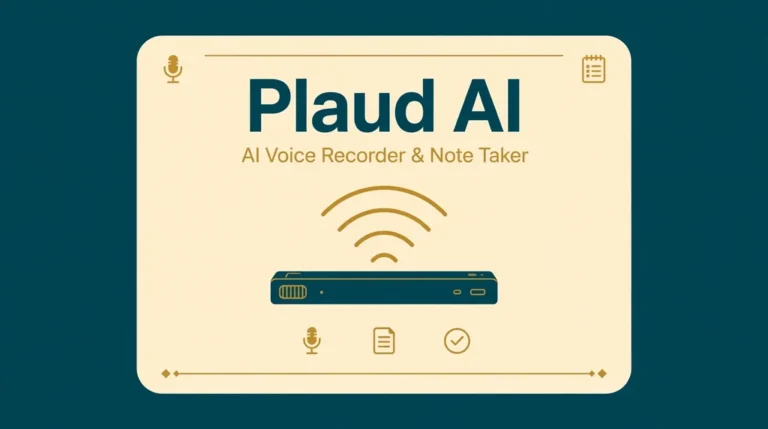 Plaud AI hero graphic showing a slim AI voice recorder with gold sound waves on a deep teal background