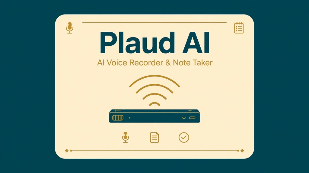 Plaud AI hero graphic showing a slim AI voice recorder with gold sound waves on a deep teal background