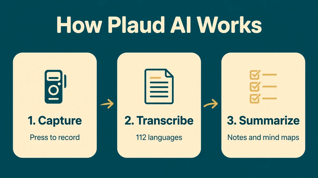 Three-step infographic showing how Plaud AI works: capture audio, transcribe in 112 languages, and summarize into notes and mind maps