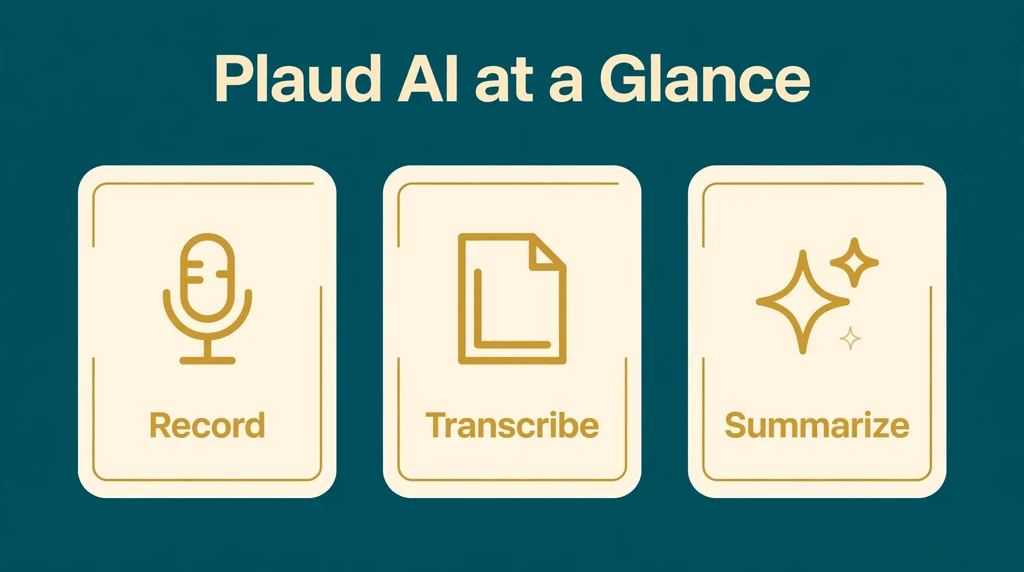 Infographic showing the Plaud AI workflow at a glance: record, transcribe and summarize