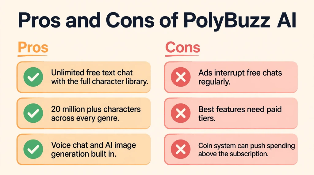 PolyBuzz AI pros and cons infographic