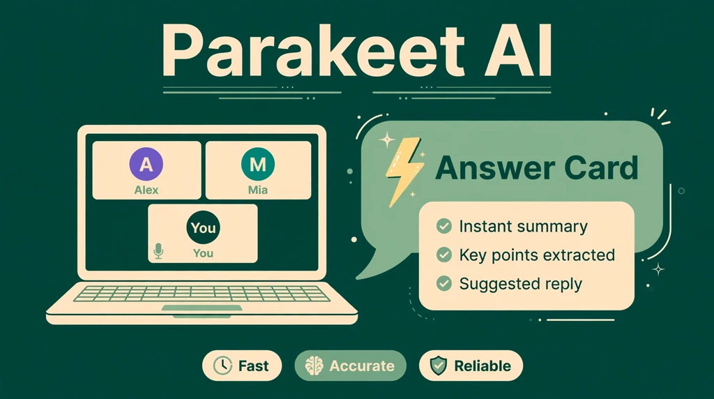 Parakeet AI live video call with AI answer card showing instant summary and suggested reply