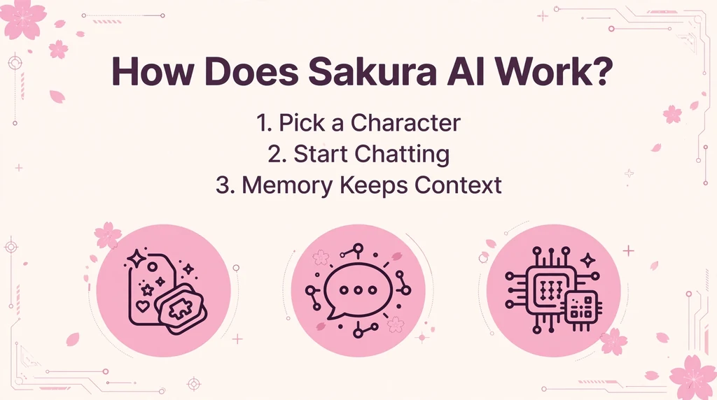 Infographic showing three steps to use Sakura AI: pick a character, start chatting, and memory keeps context
