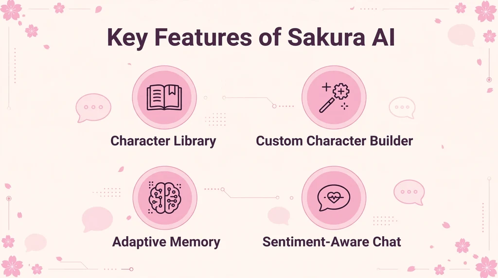 Infographic listing key features of Sakura AI: character library, custom character builder, adaptive memory and sentiment aware chat