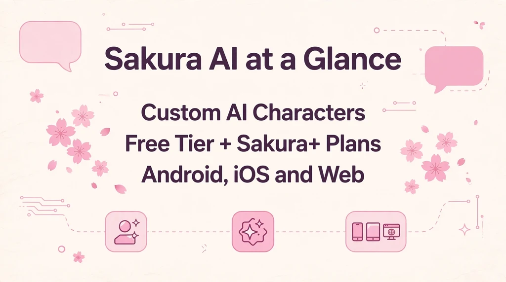 Infographic summarizing Sakura AI with custom AI characters, free tier and Sakura plus plans, and Android iOS and web availability