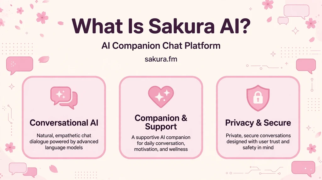 Infographic explaining Sakura AI as an AI companion chat platform with conversational AI, companion support and privacy features