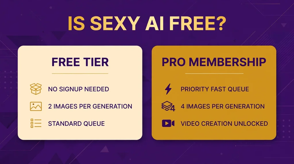 Comparison infographic of the Sexy AI free tier versus Pro membership benefits and pricing