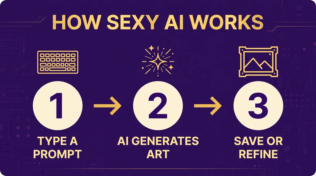 Three step infographic showing how Sexy AI works: type a prompt, AI generates art, save or refine, in purple and gold