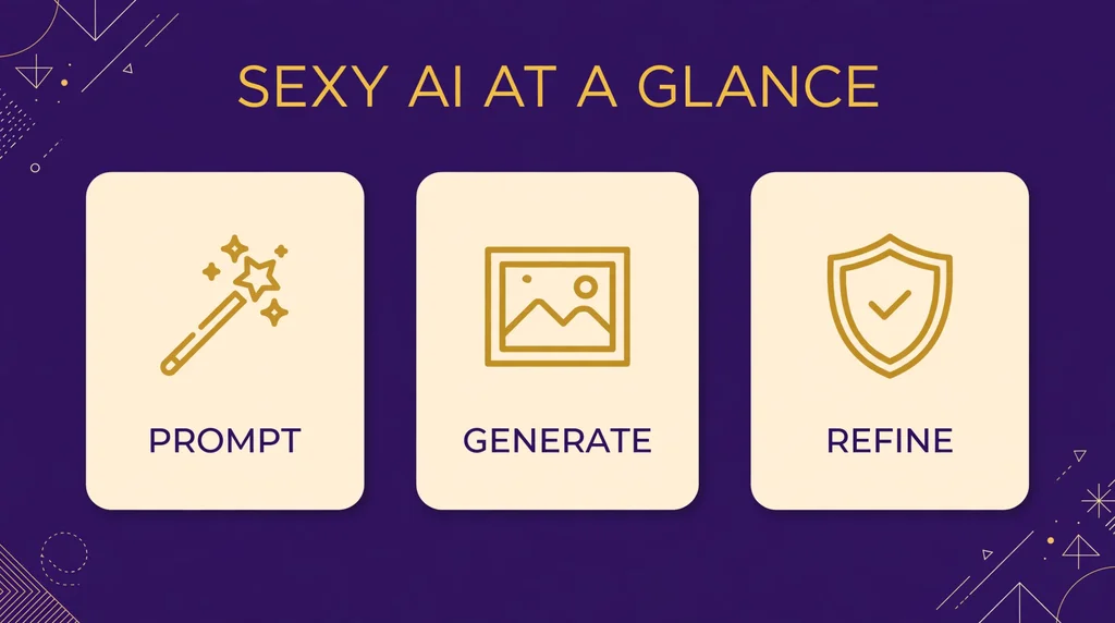 Infographic summarizing Sexy AI at a glance: prompt, generate and refine workflow in purple and gold design