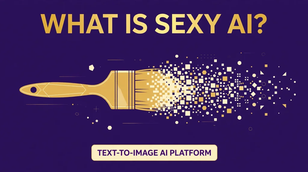 Infographic explaining what Sexy AI is, a text to image AI platform shown with a gold paintbrush dissolving into pixels on deep purple