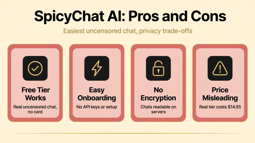 SpicyChat AI pros and cons infographic