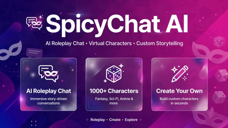 SpicyChat AI featured image infographic showing AI roleplay chat features