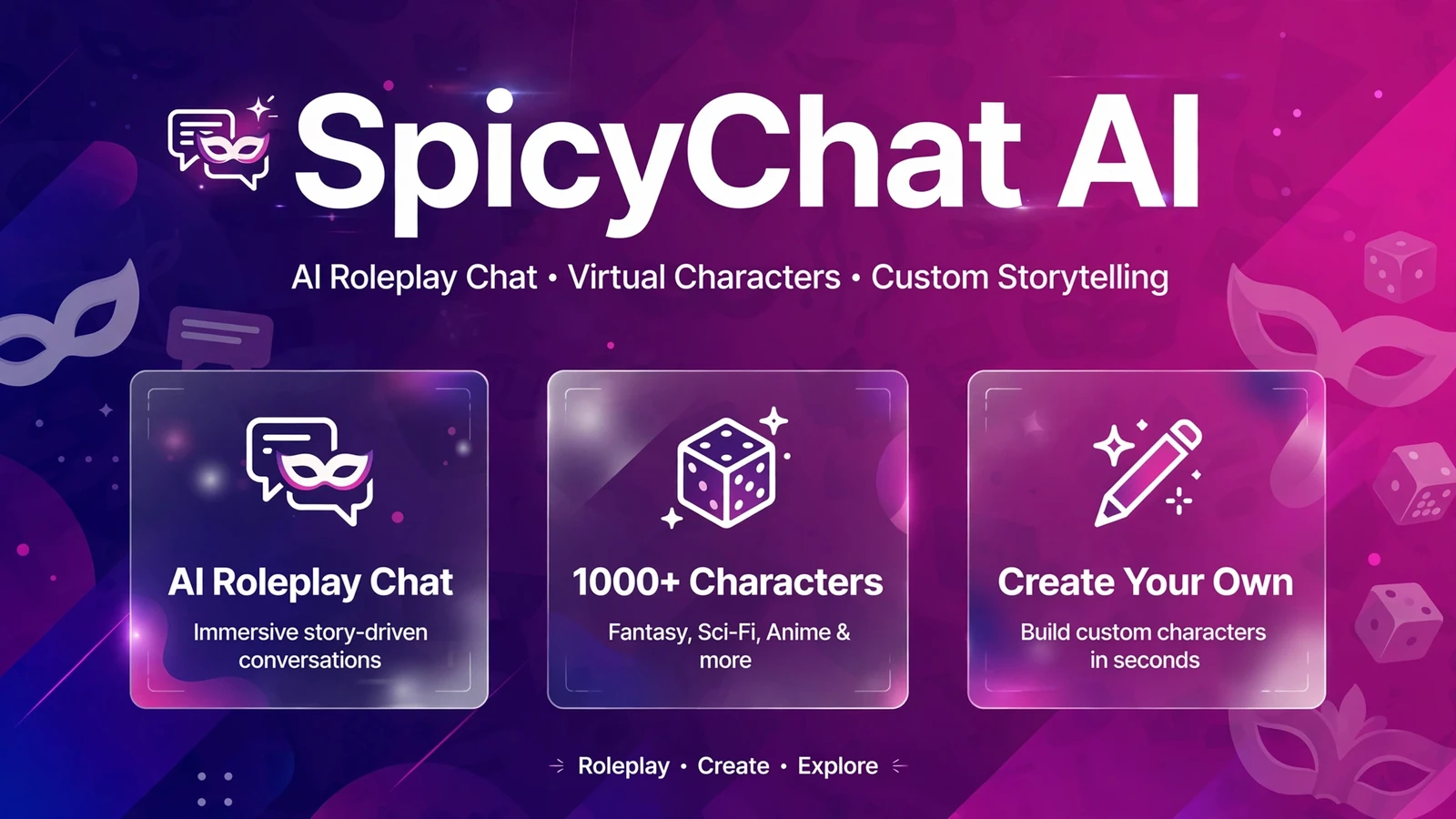 SpicyChat AI featured image infographic showing AI roleplay chat features