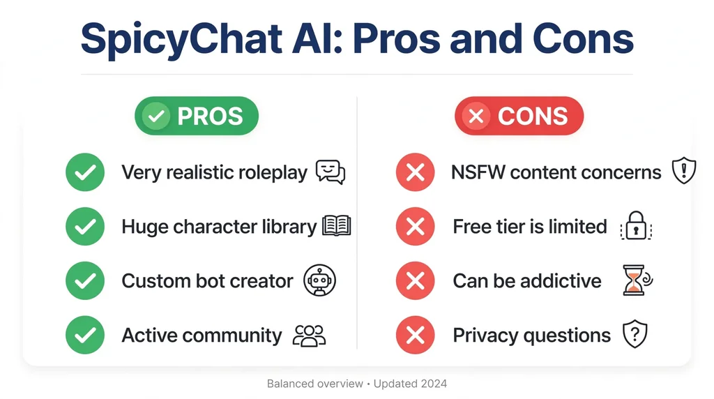 Visual pros and cons of SpicyChat AI
