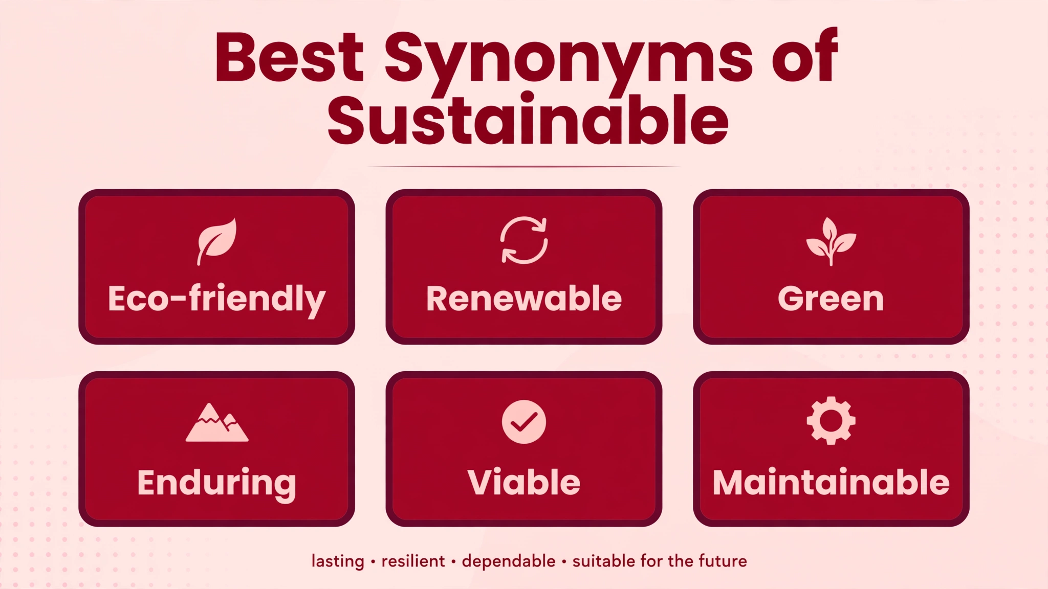 Infographic grid of the best synonyms of Sustainable: Eco-friendly, Renewable, Green, Enduring, Viable, Maintainable