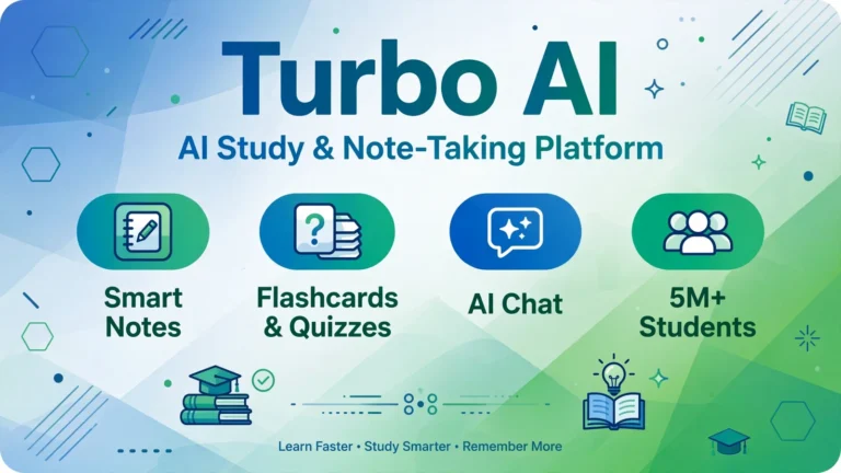 AI study platform infographic cover showing notes, flashcards, and quiz features