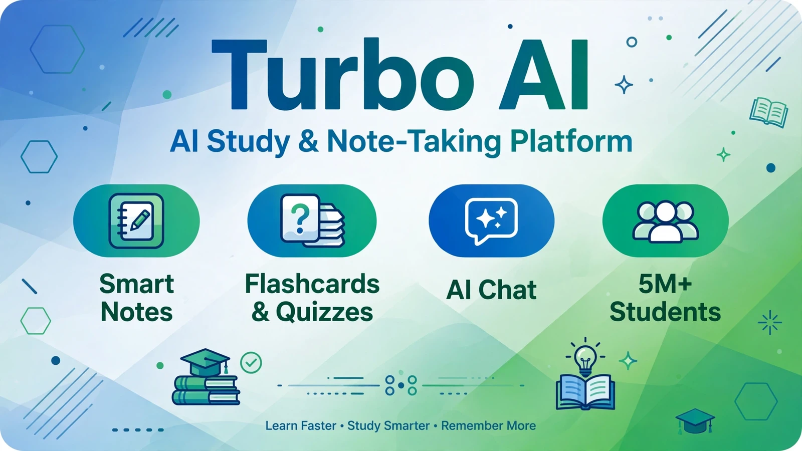 AI study platform infographic cover showing notes, flashcards, and quiz features