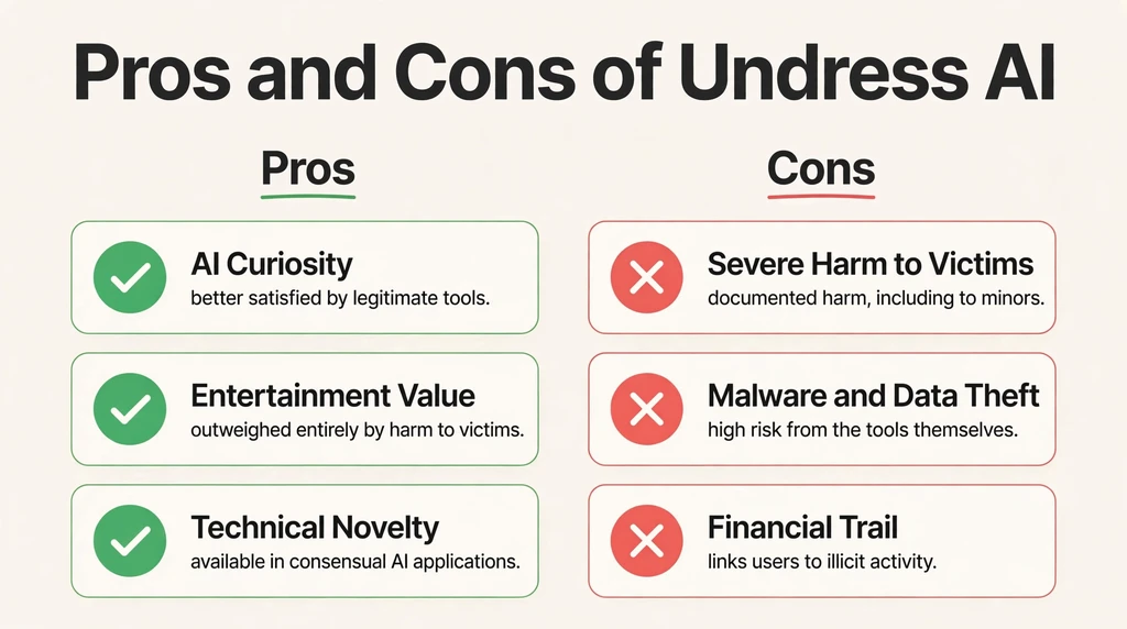 Undress AI pros and cons infographic