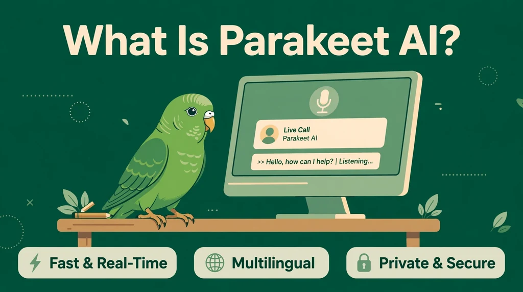 What is Parakeet AI - green parakeet mascot beside a monitor with a live call and real-time transcription