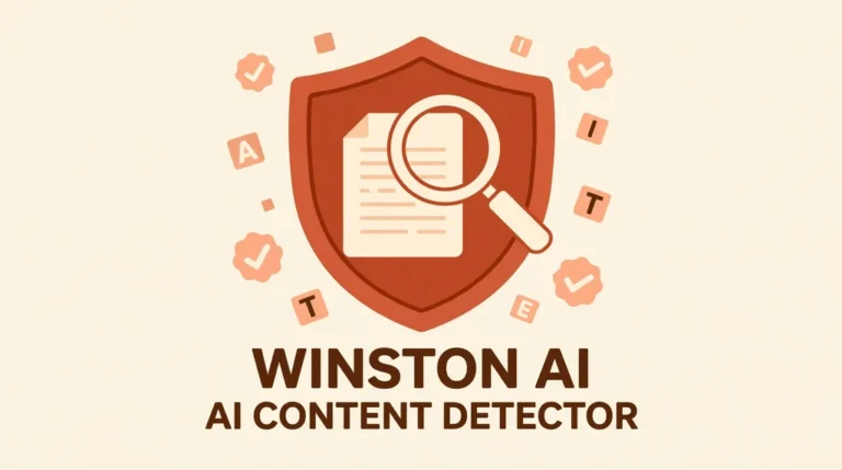 Winston AI logo style infographic with shield, magnifying glass and document in terracotta peach and cream colors