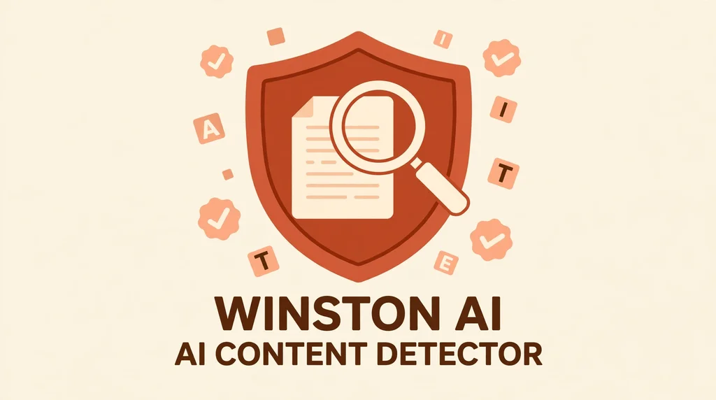 Winston AI logo style infographic with shield, magnifying glass and document in terracotta peach and cream colors