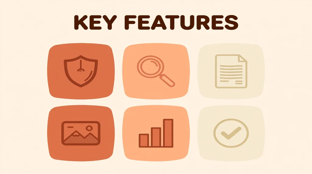 Grid of six feature icons for Winston AI including shield, magnifier, document, image, chart and checkmark