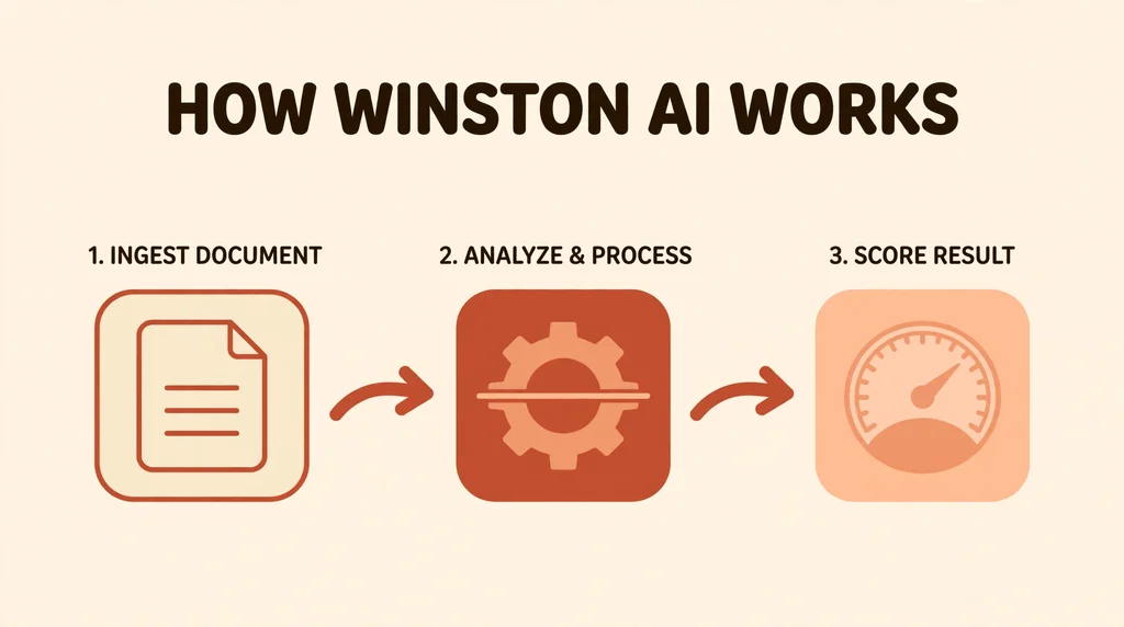 Three step flow showing document ingest, analysis and scoring for Winston AI