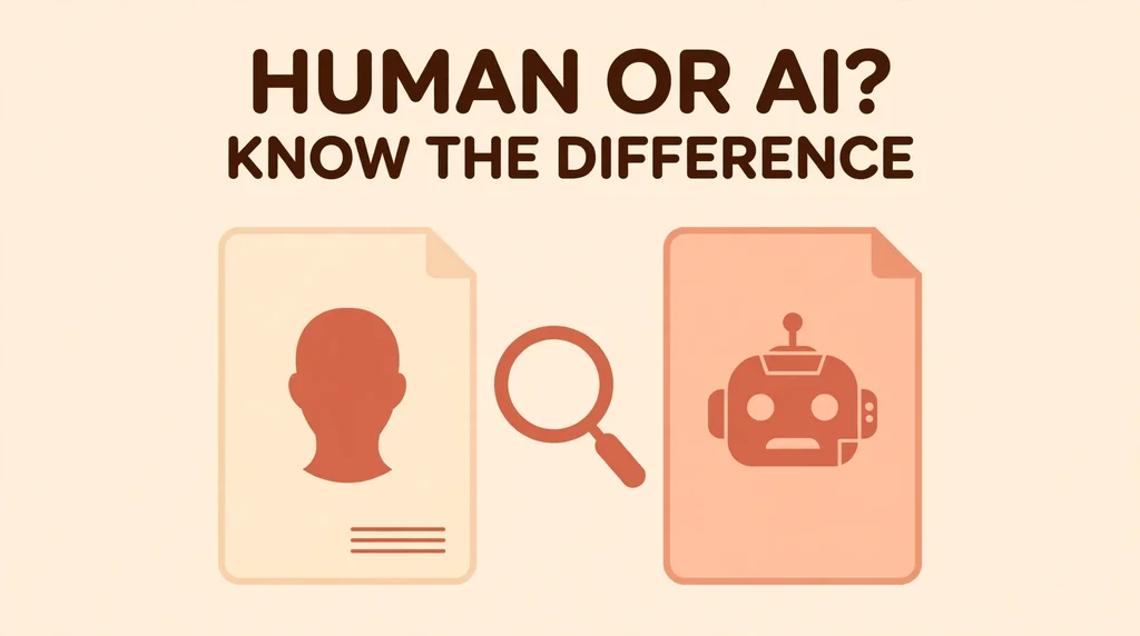 Human or AI infographic comparing a human document and a robot document with a magnifying glass