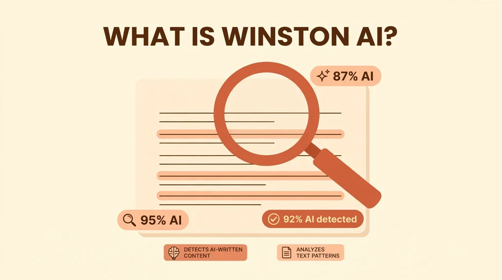 Magnifying glass over highlighted text lines showing AI detection percentages